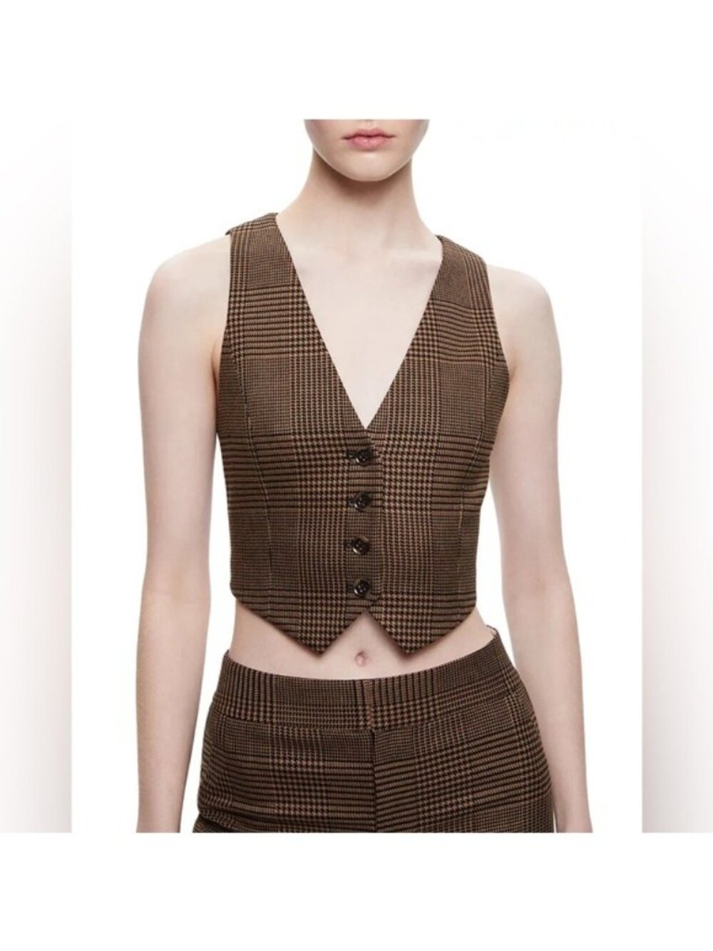 Alice + Olivia Donna Cropped Houndstooth Vest in Brown and Black size 10 - Picture 12 of 13